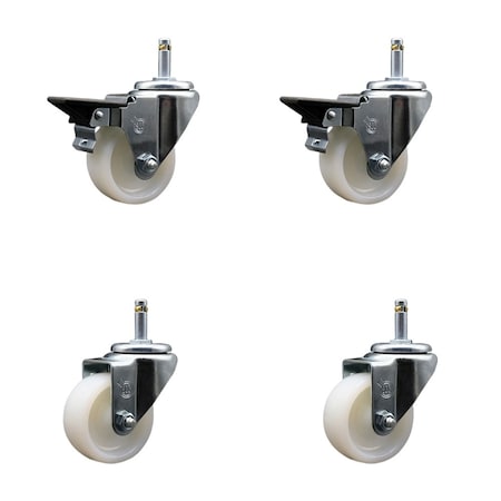Service Caster 3'' Nylon Wheel Swivel 7/16'' Grip Ring Stem Caster Set 2 Brakes, 4PK SCC-GR20S314-NYS-PLB-716138-2-S-2